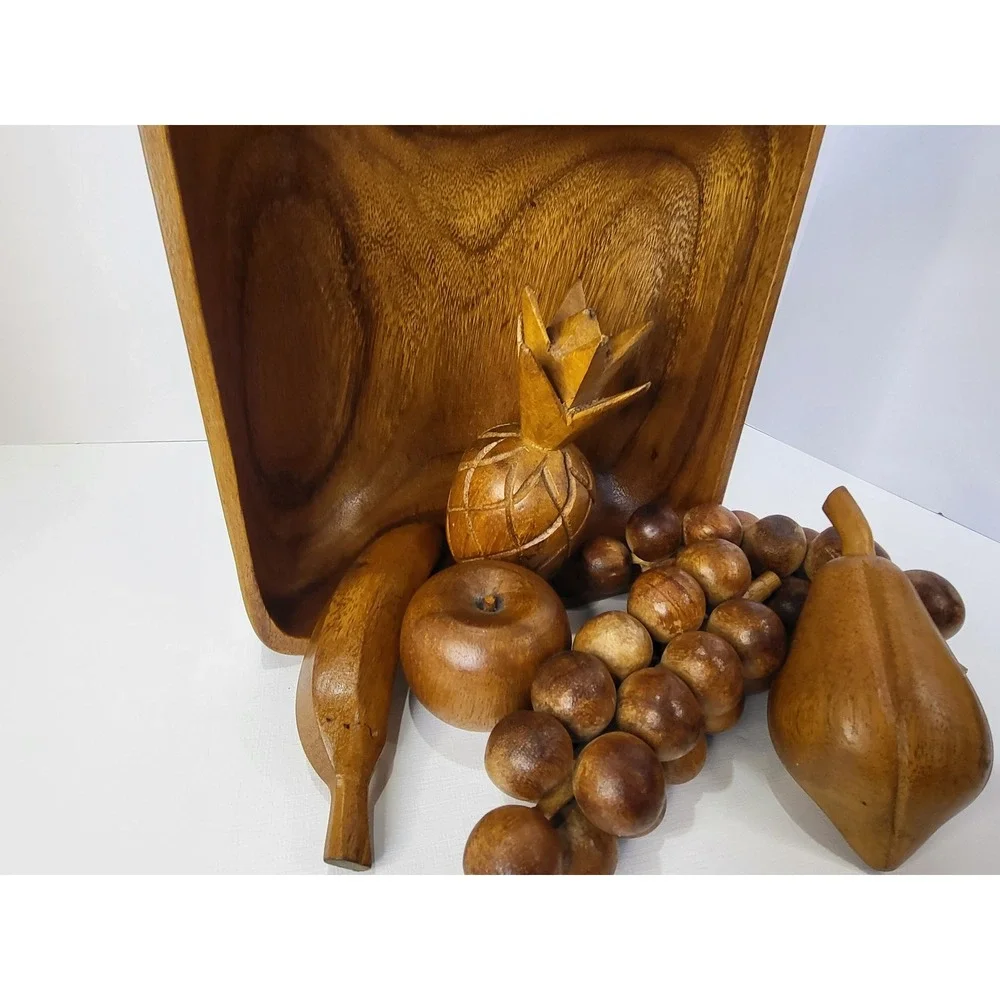 Vintage Mid Century Modern Monkey Pod Wooden Fruit Bowl Set 6 Piece Hand Carved
